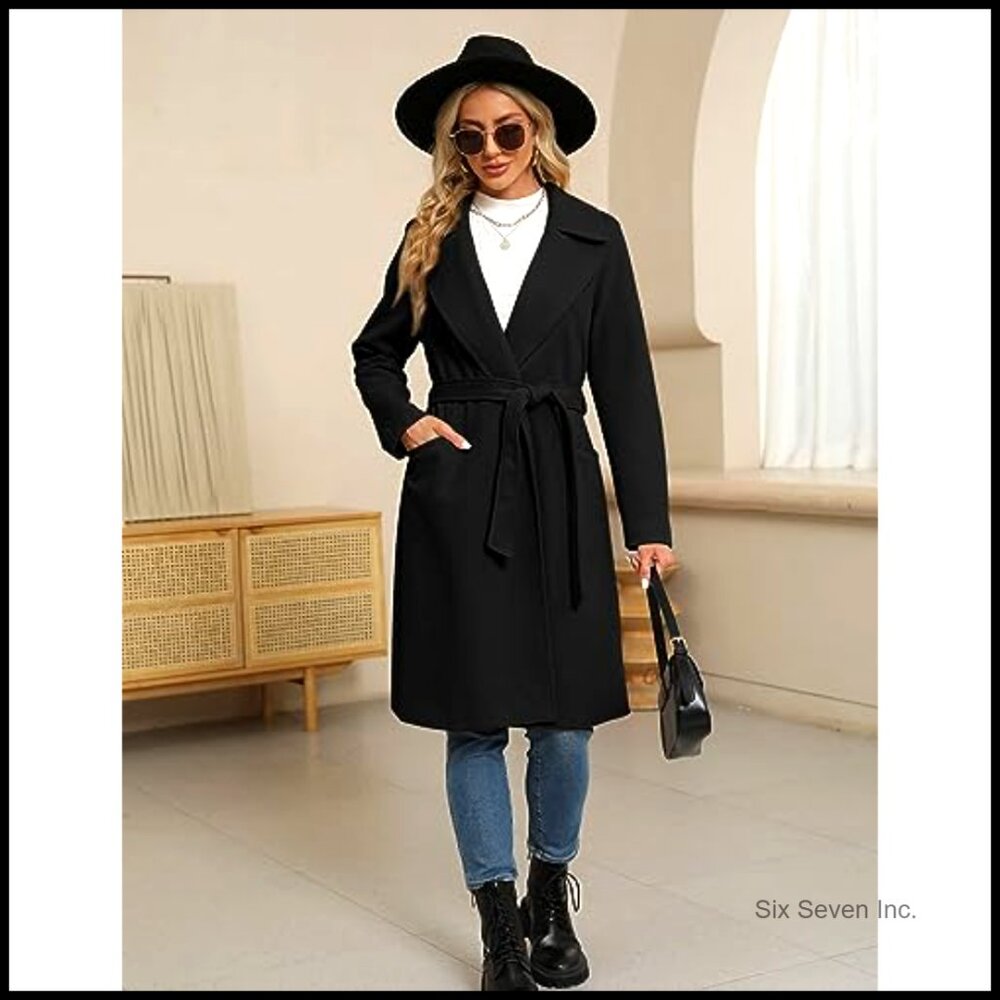 Long Wool Blend Pea Coat with Belt Notched Lapel Collar Winter Overcoat - Picture 6 of 7